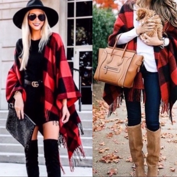 Sweaters - Red Buffalo Plaid Poncho